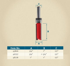 3/4" D x 1" H x 1/2" Shank Freud #50-116 Top Bearing Flush Trim Bit