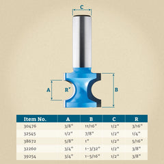 3/8'' D x 11/16'' H x 3/16'' R x 1/2'' Shank Rockler Bullnose Radius Bit
