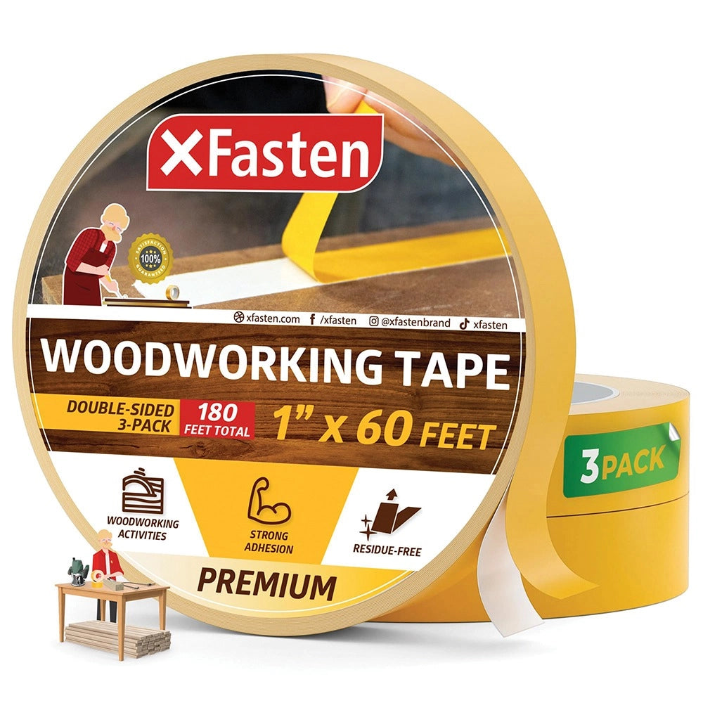 XFasten Double-Sided Woodworking Tape, 1''W, (3) 60' Rolls