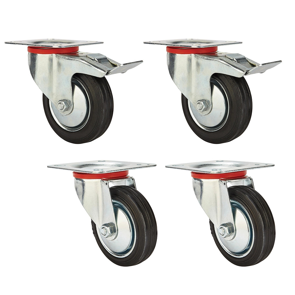 3'' Rubber Caster Set, 110-lbs./Caster, (2 Swivel, 2 Swivel w/Total Lock Brake)