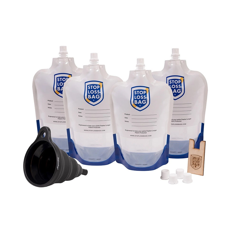 StopLossBags Original Bag Bundle with Funnel, 4 Extra Caps and Filler Clip, 4-Pack
