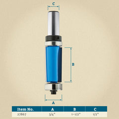 Rockler Double Bearing Shear Flush Trim Router Bit - 3/4" Dia x 1-1/2" H x 1/2" Shank