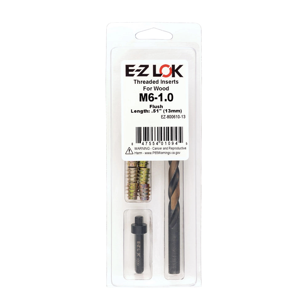 E-Z Hex Threaded Insert Kit for Soft Wood, Flush Top, M6-1.0 x 13mm