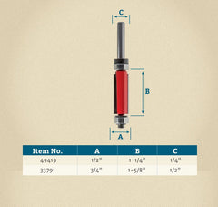 1/2" D x 1-1/4" H x 1/4" Shank Freud #50-501 Top and Bottom Bearing Flush Trim Bit