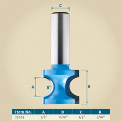 Rockler Bullnose Router Bit - 3/8'' Dia x 11/16'' H x 3/16'' R x 1/4'' Shank