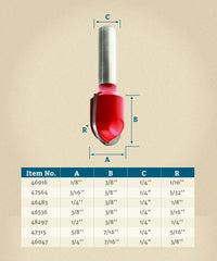 1/8'' D x 3/8'' H x 1/16'' R x 1/4'' Shank Freud #18-100 Round Nose Bit