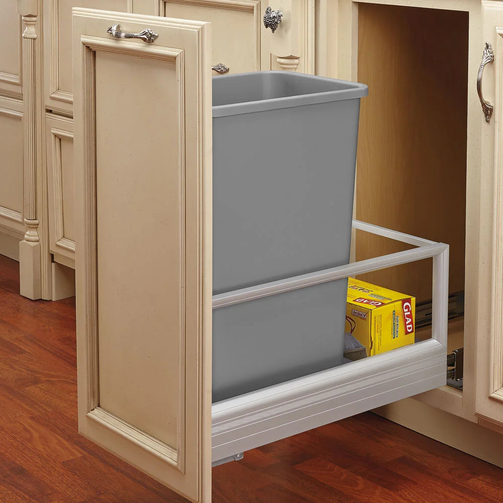 Single 35qt Pull-Out Container-Silver Metallic, 18" Slides, Metallic Silver (5349-15DM18-117)