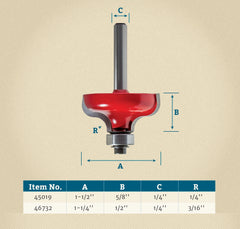 1-1/2'' D x 5/8'' H x 1/4'' R x 1/4'' Shank Freud #38-154 Ogee Bit