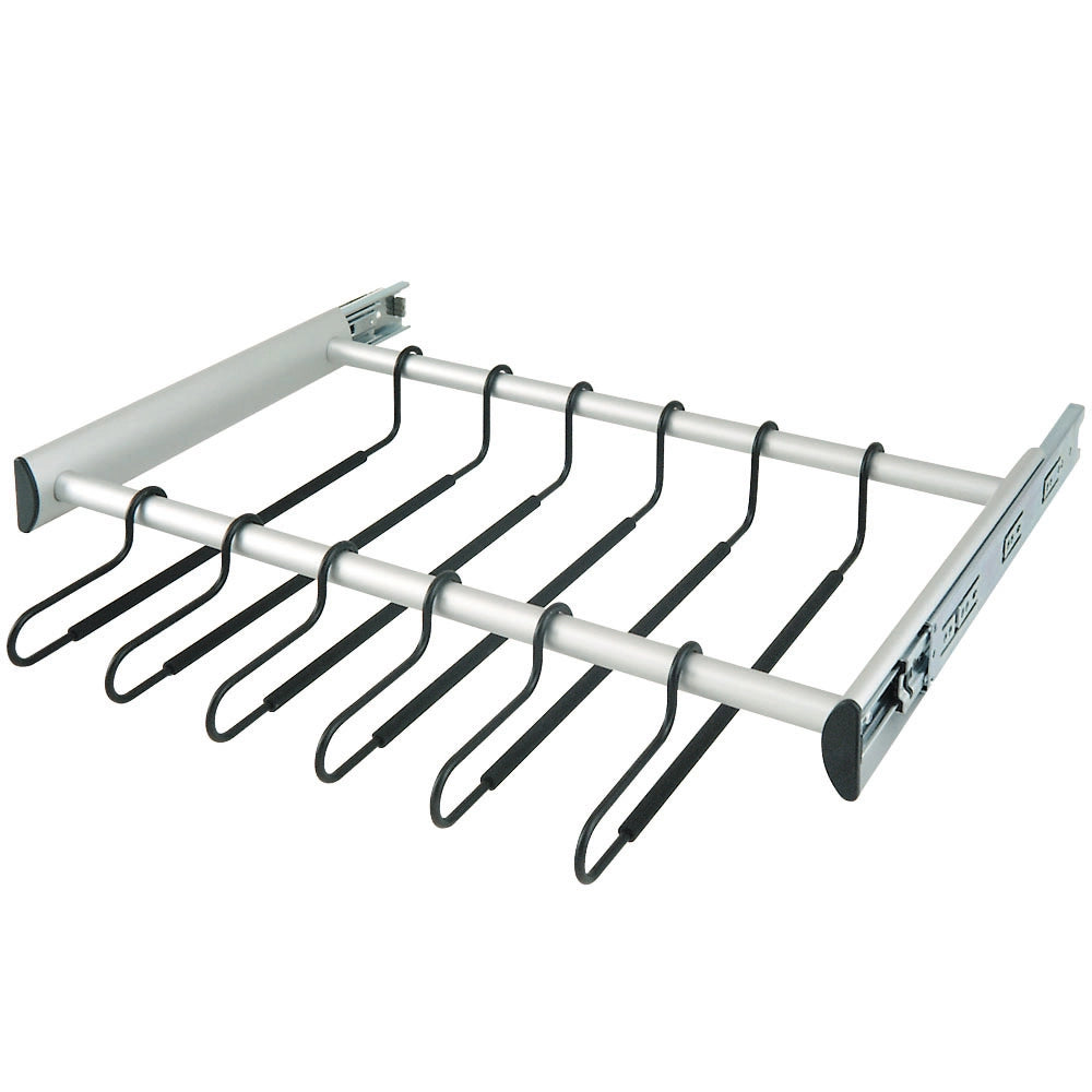 18" W (12 hangers), Matte Nickel, Hafele Pull-Out Pants Rack, Full-Extension, 13-15/16" Deep x 2-5/16" Wide