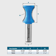 Rockler Fingernail Router Bit, 1.1'' Dia. x 1-13/16''H x 1-5/16''R x 1/2'' Shank