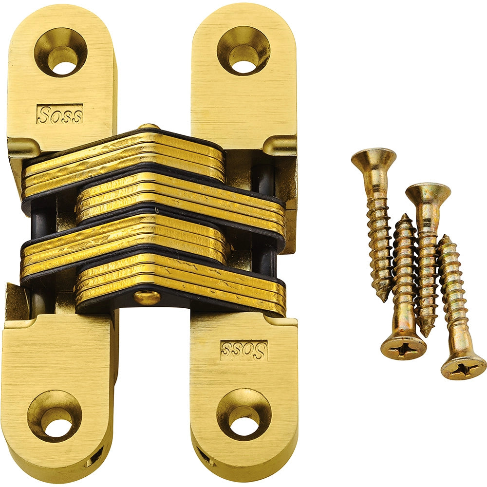 Satin Brass Soss Concealed Hinge, Wings measure 1" Wide x 4-5/8" Long for 1-3/8", SOSS #216 - EACH