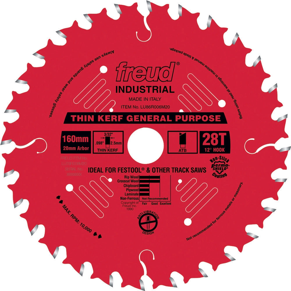 160mm x 28T x 20mm Arbor Freud Industrial Thin Kerf General Purpose Blade (LU86R006M20)