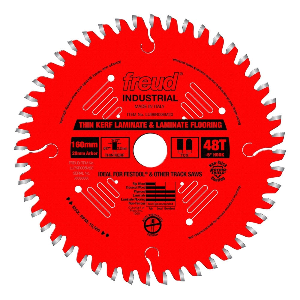 Freud Thin Kerf Double-Sided Melamine Track Saw Blade, 160mm x 48T (LU96R006M20)